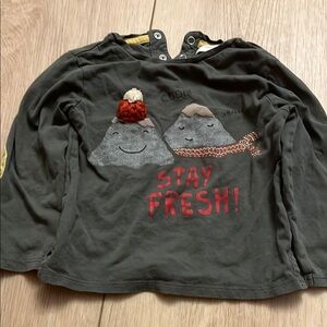 Mango Gray Long Sleeve Tee with Red Cartoon Graphic